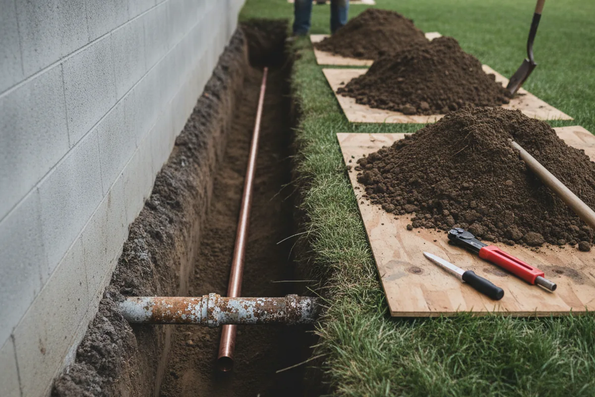 Excavated water line trench during Water Softener Installation in Woodstock